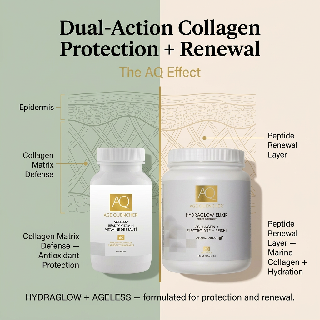 Two bottles of AQ Ageless skincare products with a diagram of collagen protection and renewal on a beige background.