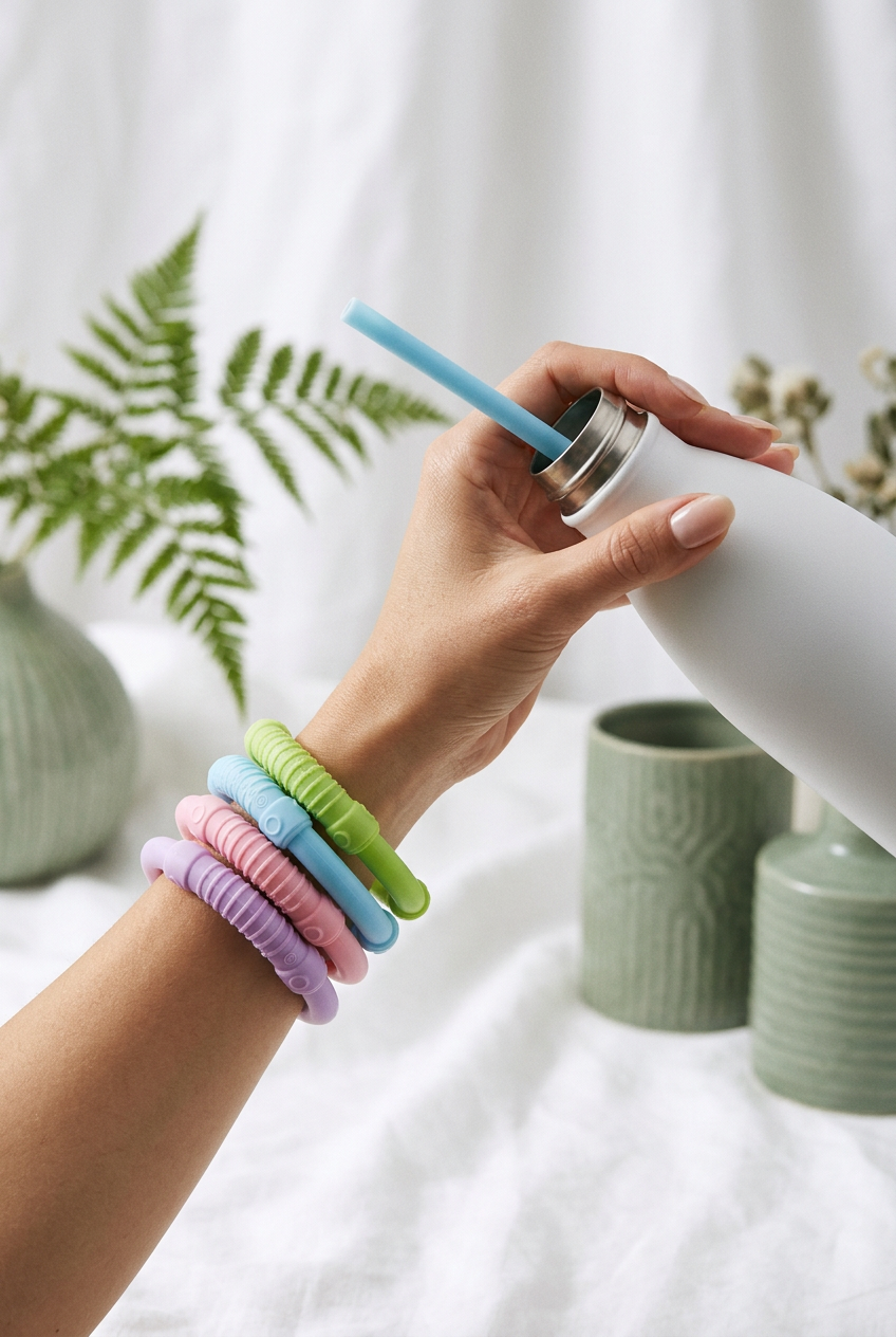 Use demo – bracelet straw on wrist with bottle