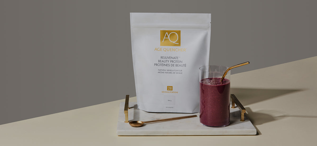 Marine collagen protein powder pouch with gold scoop and berry smoothie